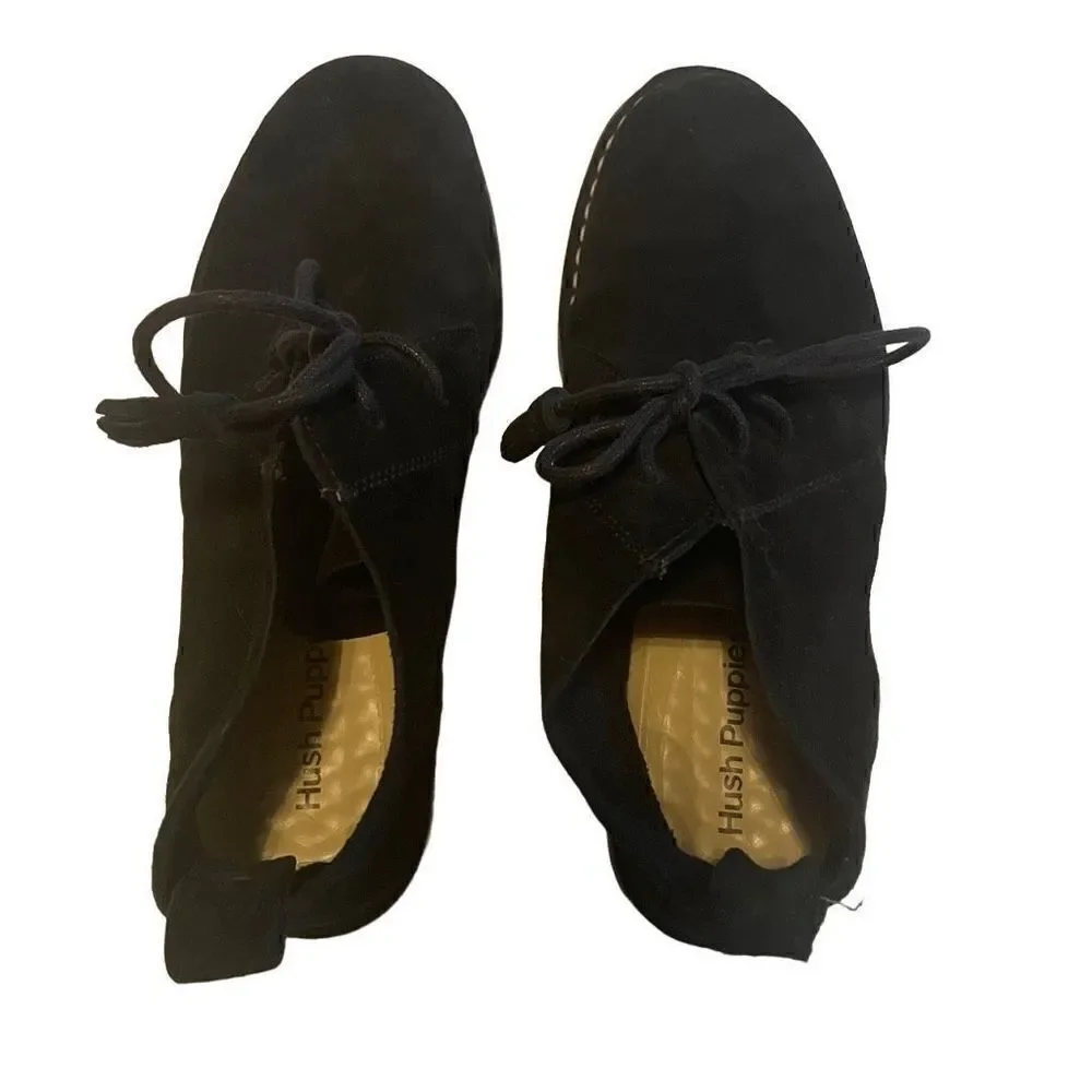 HUSH PUPPIES | black seude low tassel slip on booties 7.5